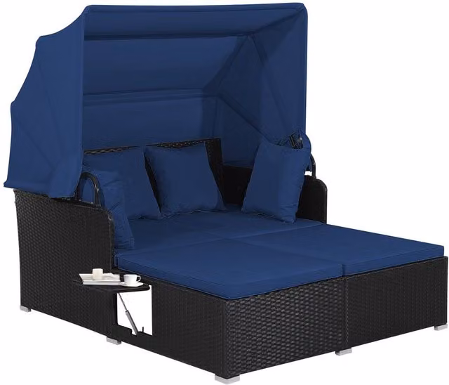 Costway Blue PE Rattan Wicker Daybed with Retractable Canopy for 2 Adults