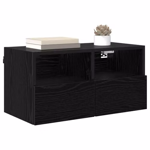 vidaXL Set of 2 Modern Wall Mounted TV Cabinets in Black, MDF with Hinged Doors and Internal Shelves