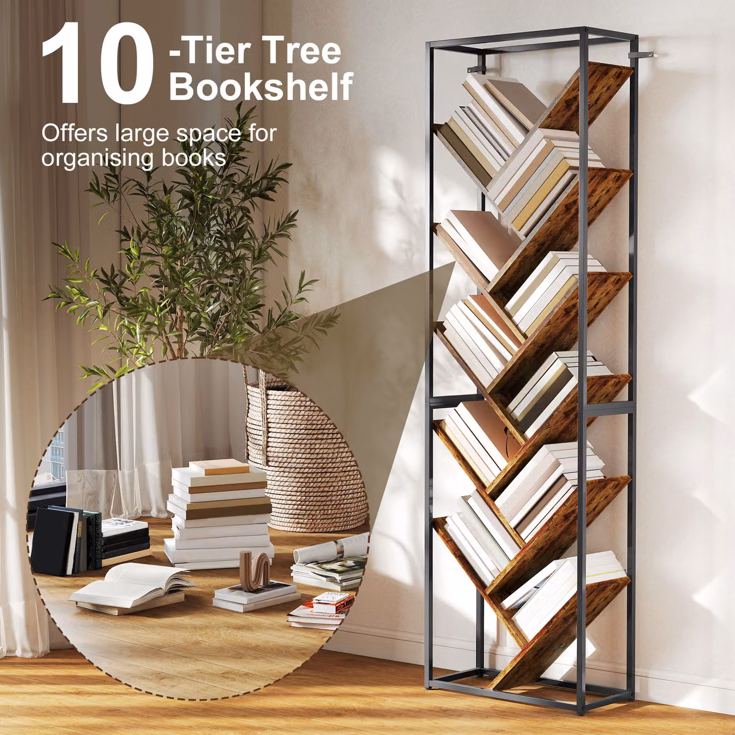 HOMCOM Industrial-Style 10-Shelf Freestanding Bookshelf in Black and Brown – 3