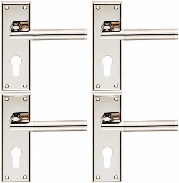 Loops 4x Round Bar Section Lever on Euro Lock Backplate in Polished Silver, W: 150 mm x H: 50 mm