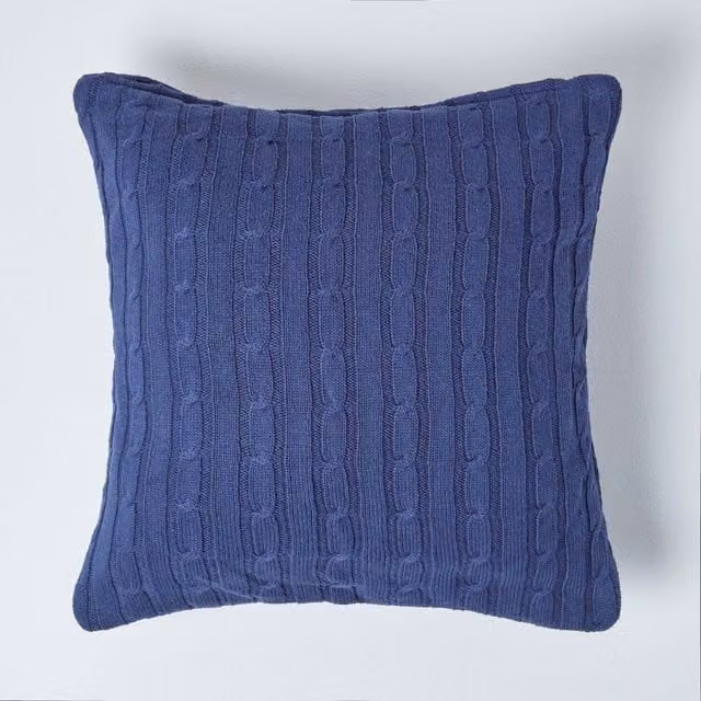 Homescapes Blue Cotton Cable Knit Square Cushion Cover