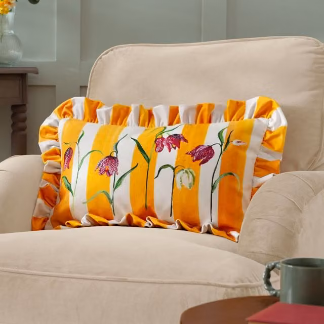 Wylder Nature Marais Fritillaries Printed Chenille Cushion in Yellow, W: 50 cm, H: 30 cm, D: 30 cm