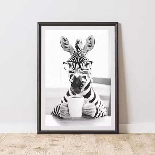 60 Second Makeover Funny Zebra Drinking Coffee Paper Poster, A4, Multicolour