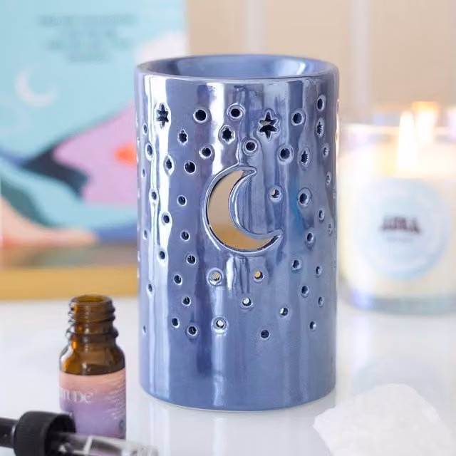 Uniqueful Iridescent Purple Moon Pillar Ceramic Oil Burner and Wax Warmer, Height: 15 cm