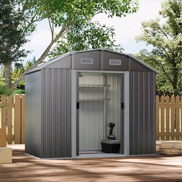 Livingandhome Grey Metal Arched Roof Garden Shed with Shelving