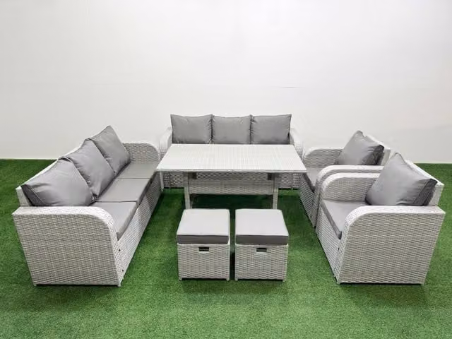Fimous PE Rattan High Back Lounge Sofa Set with 3 Seater Sofa, Reclining Chair, Stools and Rectangular Dining Table in Light Grey