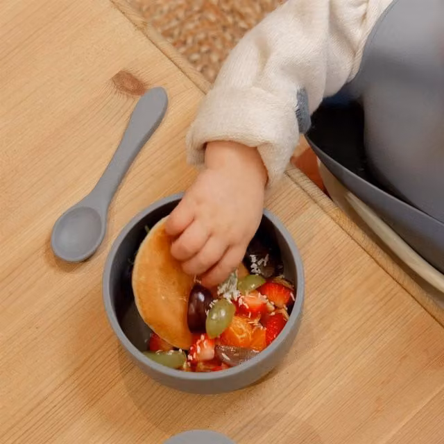 Tiny Dining Silicone Baby Suction Bowl and Spoon Set in Blue and Grey