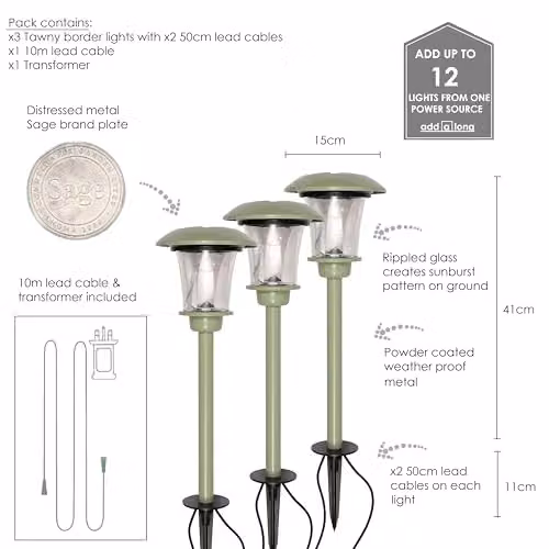 Noma Sage Starter Set of 3 Green Border Lights with Warm White LED and Power Supply Included – 2