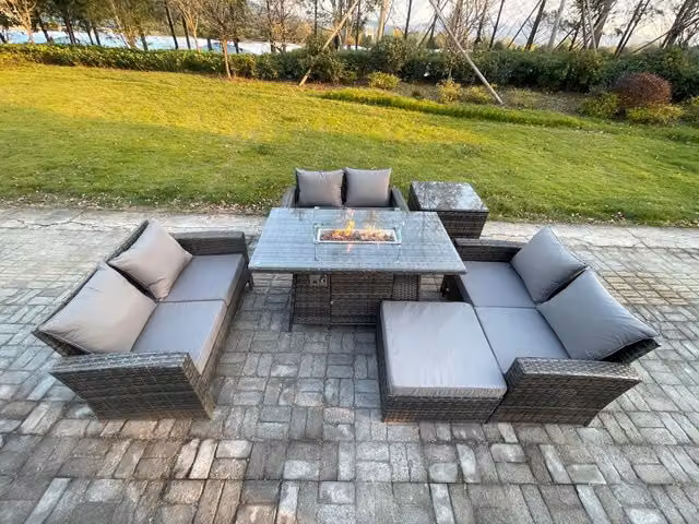 Fimous 7 Seater Rattan Outdoor Garden Dining Set with Gas Firepit Table and Side Table in Dark Grey