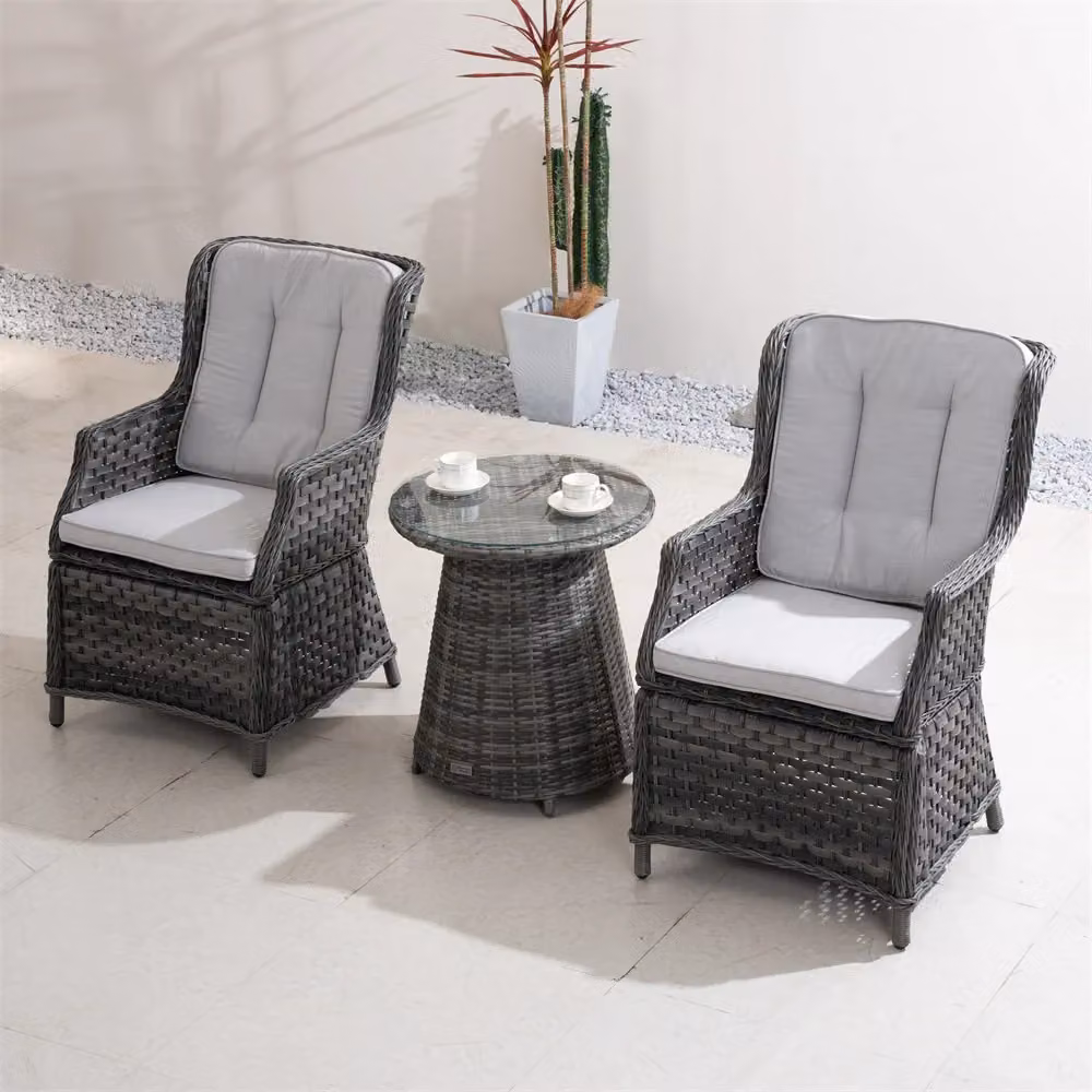 Direct Wicker Grey Aluminium Rattan Bistro Set with 5mm Toughened Glass Top Table and 2 Chairs – 5