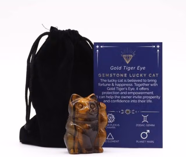 KDMD Gold and Brown Tiger Eye Stone Lucky Cat Figurine