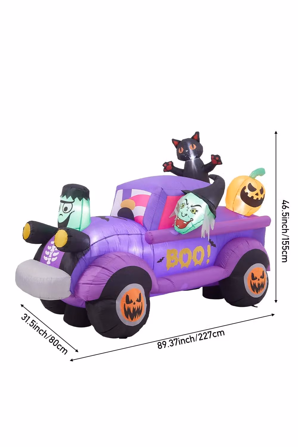Living and Home Halloween Light-Up Inflatable Car with Witch, Frankenstein, Black Cat and Pumpkin Outdoor Yard Decoration, Multicolour, W/D/H: 227 x 80 x 155 cm – 3