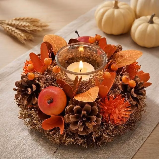 Garden Greatness Natural Autumnal Glass Candle Holder in Multicolour Orange, Red and Beige, W/D/H: 22.0 x 10.5 x 22.0 cm