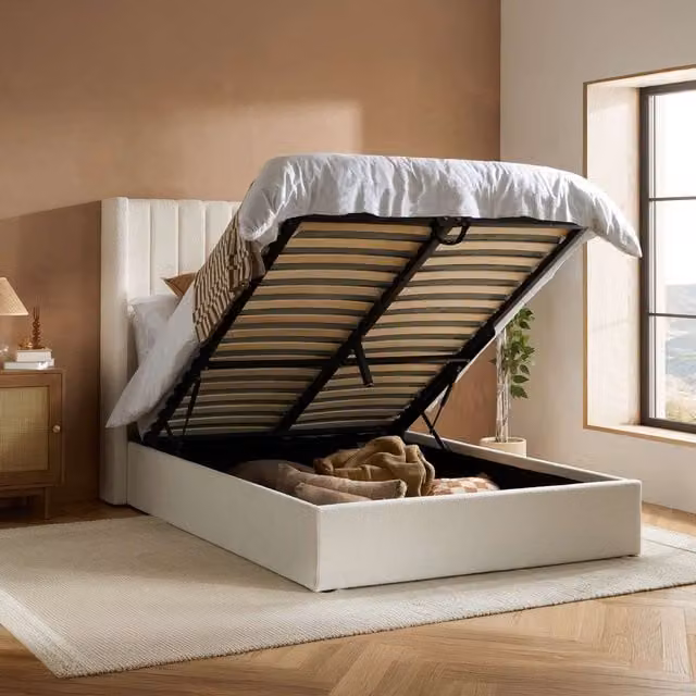 Birlea Maisey Ottoman Bed in White Bouclé Fabric, Double (140 x 200 cm)