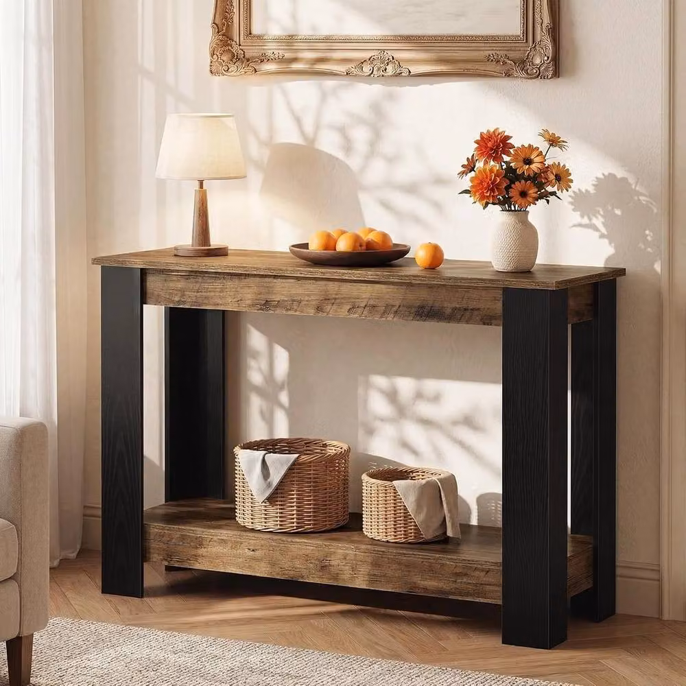 VOGREX Industrial Narrow Console Table with Storage Shelf in Brown and Black, W/D/H: 105.0 x 30.0 x 76.7 cm – 3
