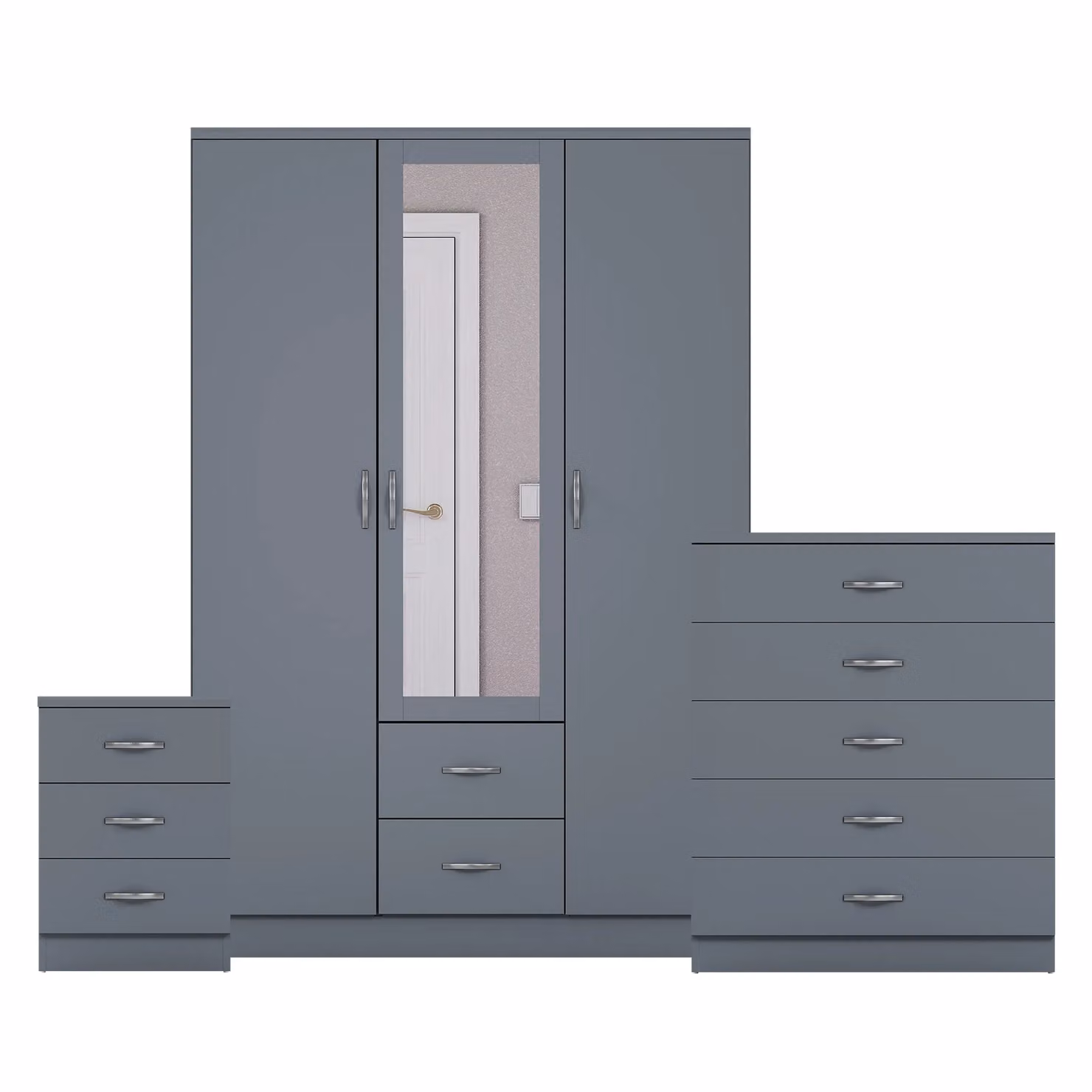 Vida Designs 3-Piece Modern Grey Bedroom Set including 3 Bedside Tables, 5-Drawer Chest and Mirror Wardrobe – 2