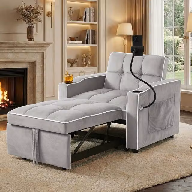 BTM 3-in-1 Expandable Single Sofa Bed with Drink and Phone Holders in Grey, W/D/H: 167 x 83 x 76 cm – 1