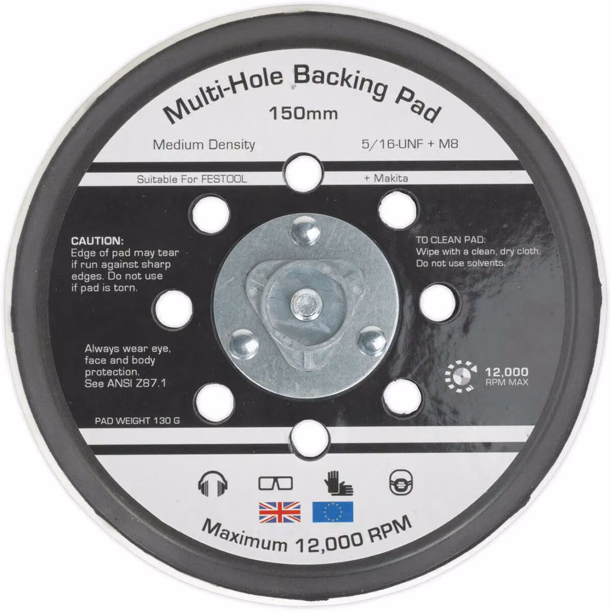 Loops 150mm Universal DA Backing Pad with 5/16 Inch UNF or M8 Thread in Black and Multicolour – 3