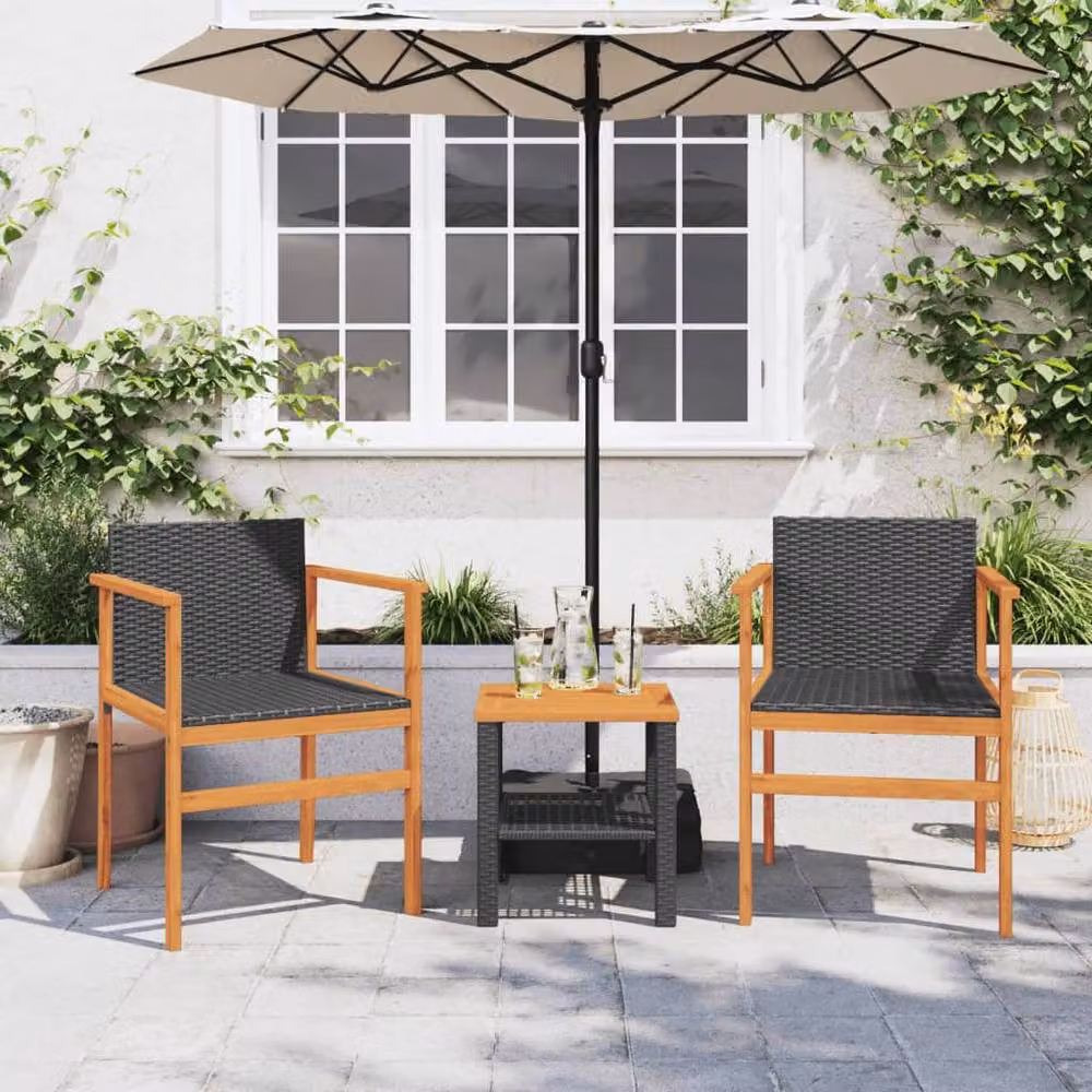 Berkfield Home Set of 2 Black Poly Rattan and Solid Wood Garden Chairs with Cushions – 3
