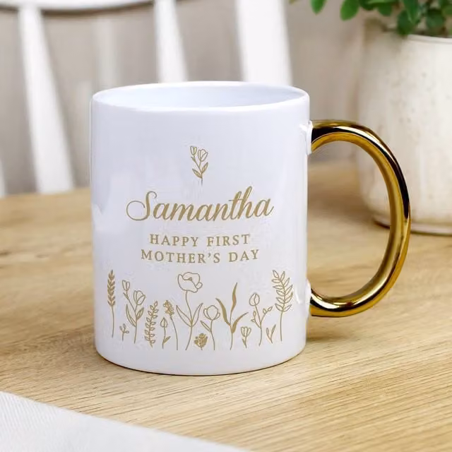 Personalised Memento Company Women's Floral Ceramic Mug in White with Gold Handle