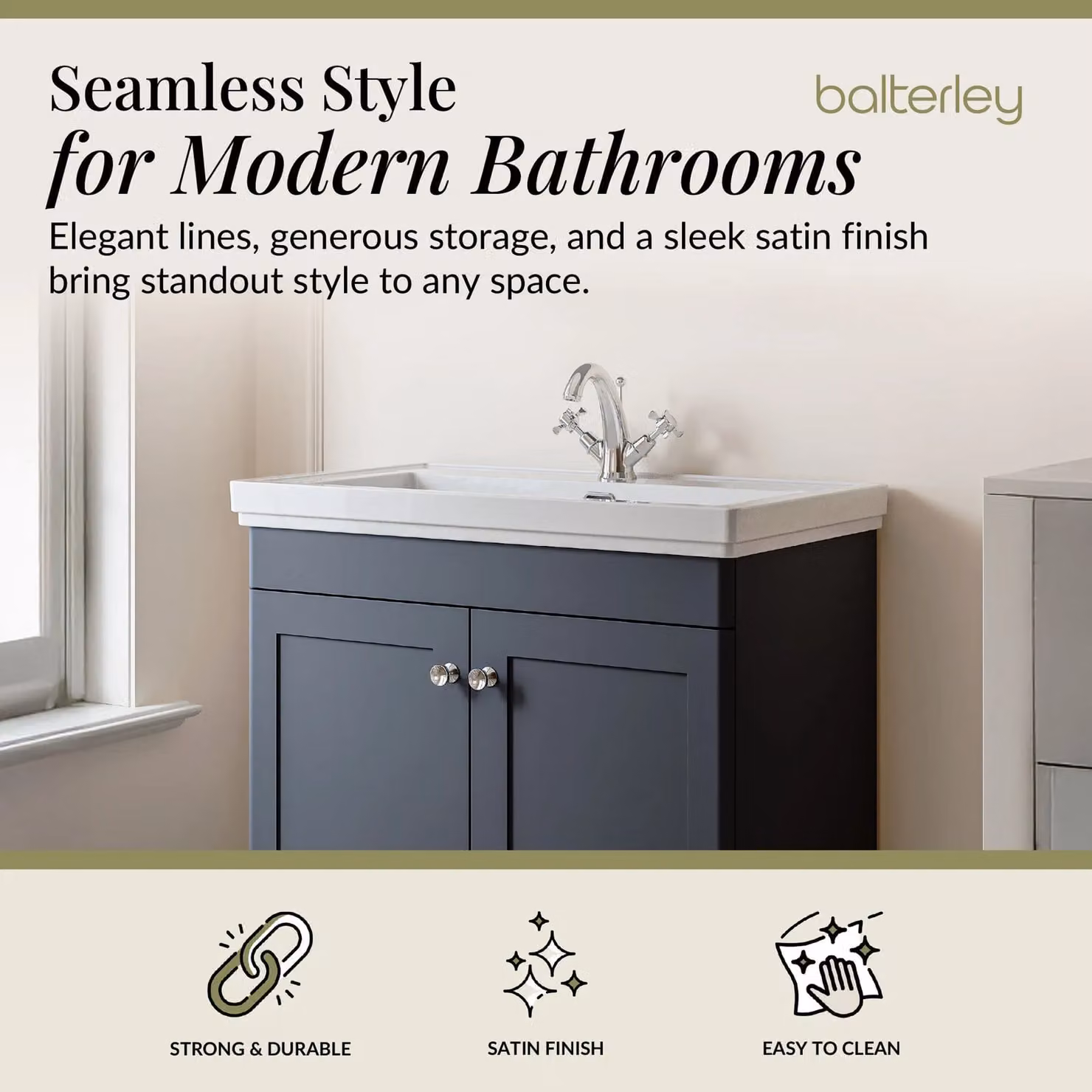 Balterley Dark Grey 2-Door Freestanding Bathroom Floor Vanity Unit with Fireclay Basin, W: 80 cm, H: 86.5 cm – 2