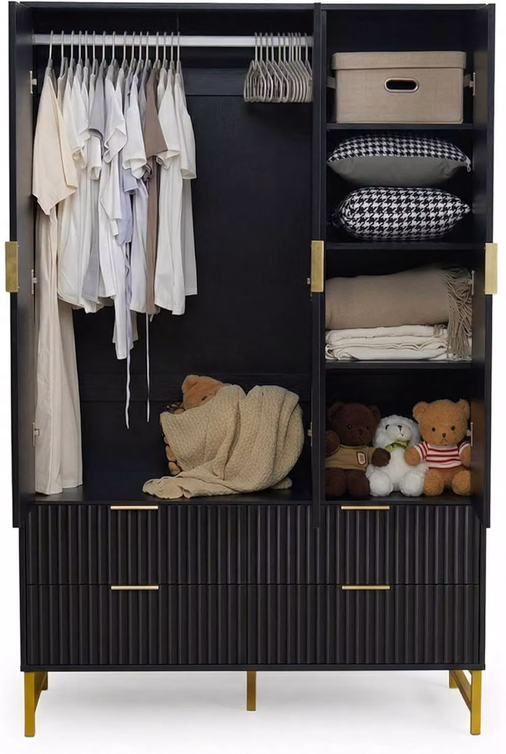 FURNITURE ONE Modern 3-Door Wardrobe Cabinet with 4 Integrated Drawers in Matt Black and Gold – 4