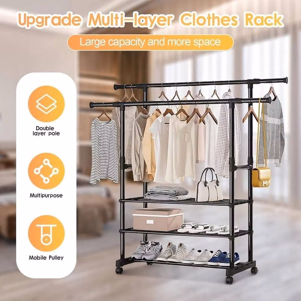 FLAVORA Heavy Duty Double Rail Garment Clothes Rack in Matt Black Metal – 2