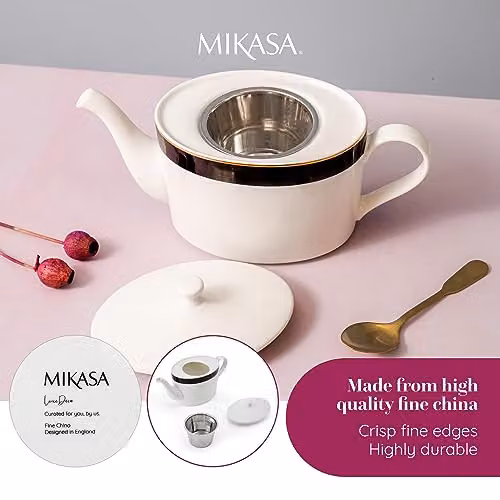 Mikasa Luxe Deco White and Gold Geometric Bone China Infuser Teapot, 1.1 l – 4