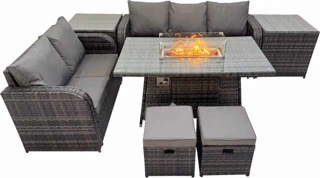 Fimous Garden Rattan Furniture Set in Dark Grey with Gas Fire Pit Table, 3-Seater Sofa and Love Seat