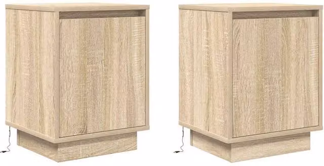 Berkfield Home Set of 2 Durable Bedside Cabinets with Integrated LED Lights in Light Oak, W/D/H: 38 x 34 x 50 cm