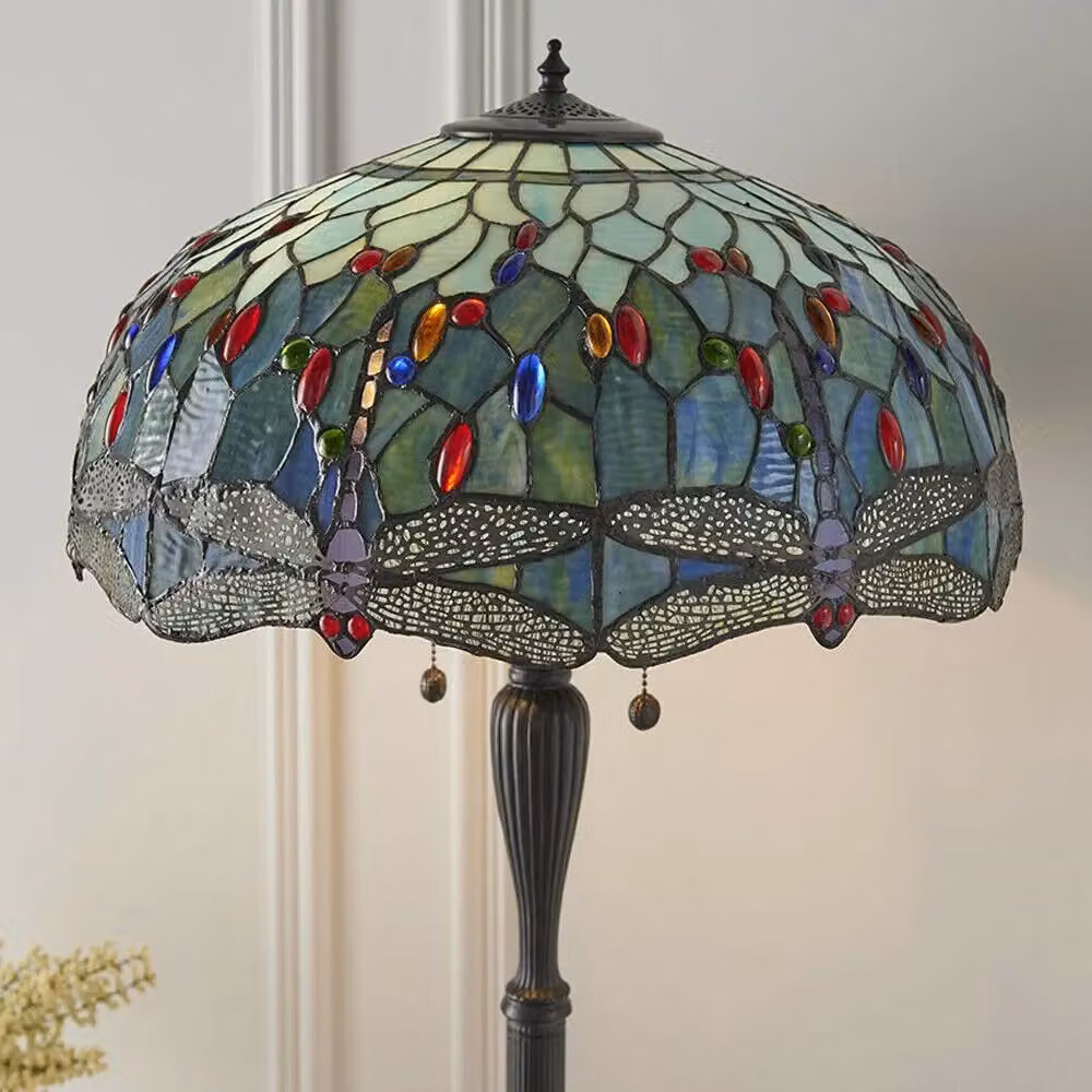 Loops Tiffany Glass Dragonfly Floor Lamp in Dark Bronze Finish with Multicolour Glass – 3