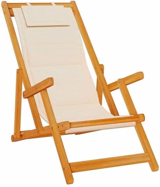 Berkfield Home Folding Beach Chair with Armrests and Adjustable Headrest in Beige Acacia Wood and Textilene
