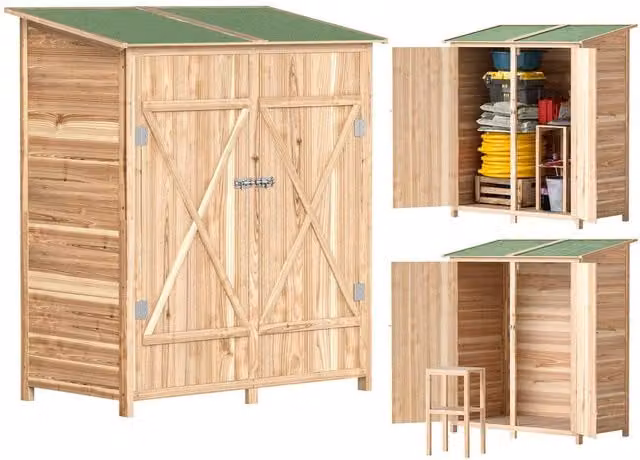 OUTSUNNY Garden Storage Shed Tool Organizer with Table, Natural Brown, W/D/H: 140 x 75 x 157 cm – 1