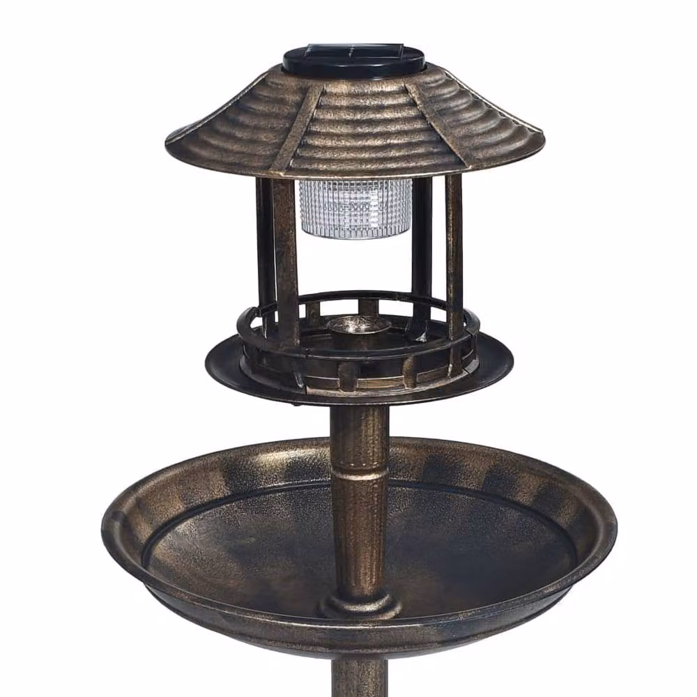 Berkfield Home Decorative Round Plastic Birdbath with Solar Powered LED Lights in Brown – 2