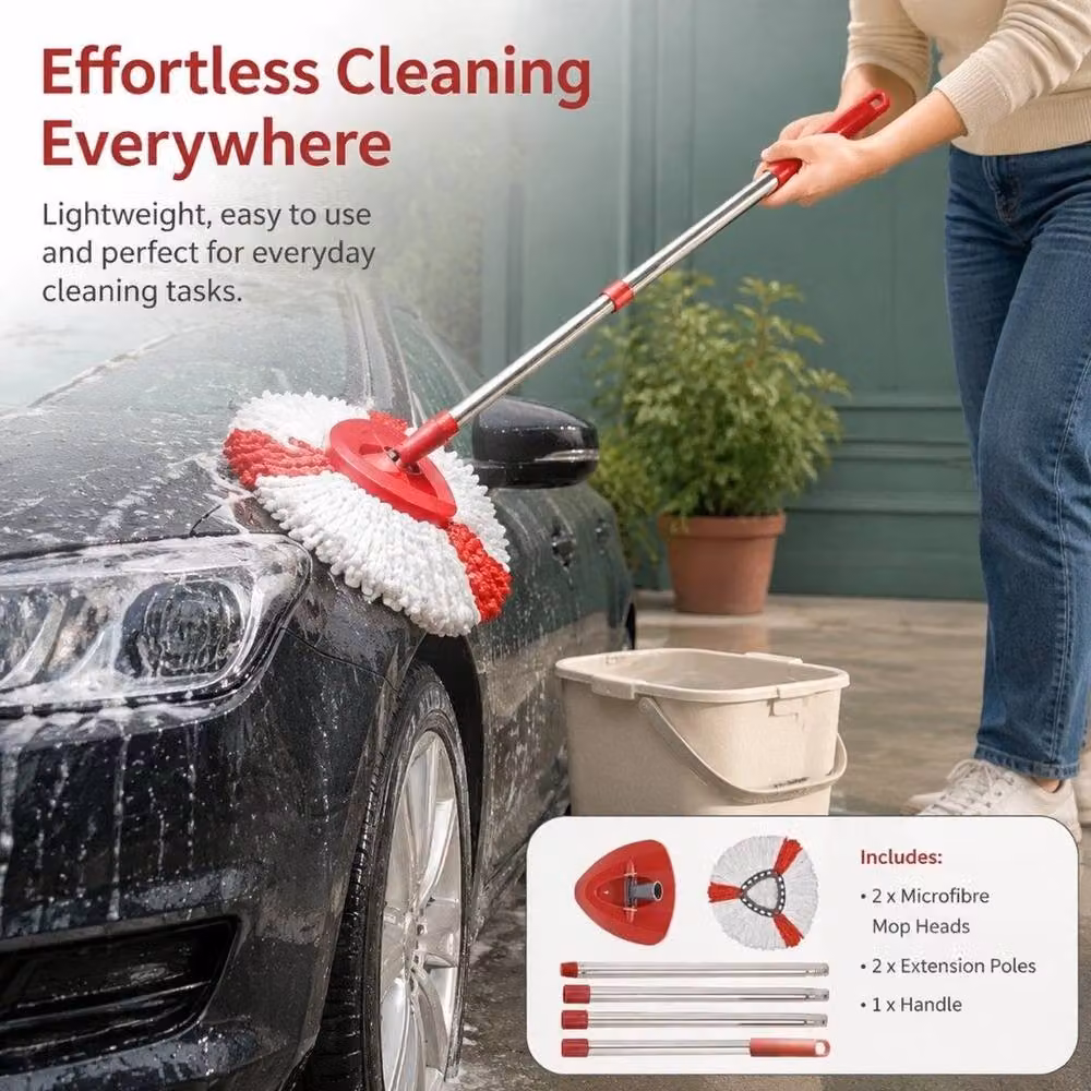 SPETLEK Spin Mop Head Replacement Set with Microfibre Handle Base in Red and White – 4