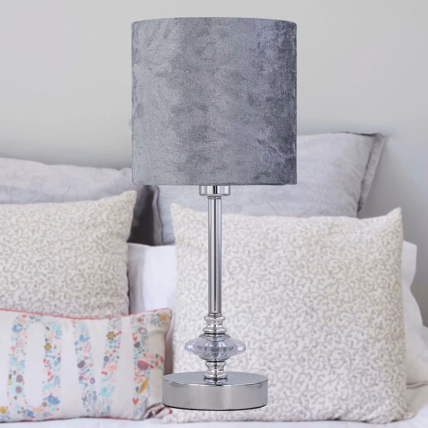First Choice Lighting Chrome Jewelled Table Lamp with Grey Fabric Shade in Silver – 3