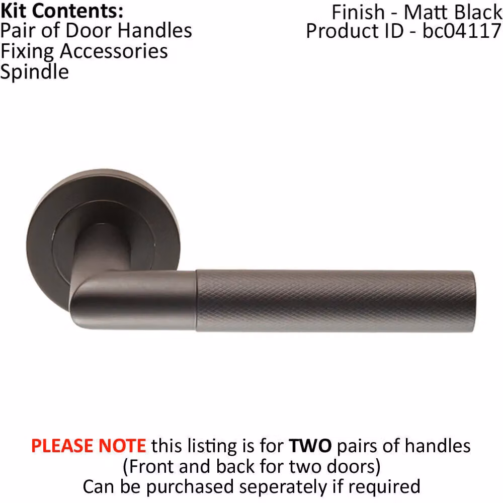 Loops 2x Pair Knurled Round Bar Handles with Round Rose in Matt Black with Concealed Fixings – 2