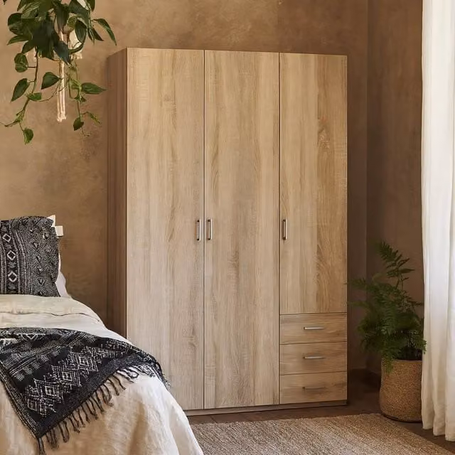Wyld Haus Berlin Natural Oak Wardrobe with 3 Hinged Doors, 3 Integrated Drawers and Internal Shelves in Brown Matt Finish