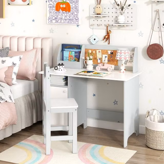 Costway Modern Grey Childrens Study Table and Chair Set