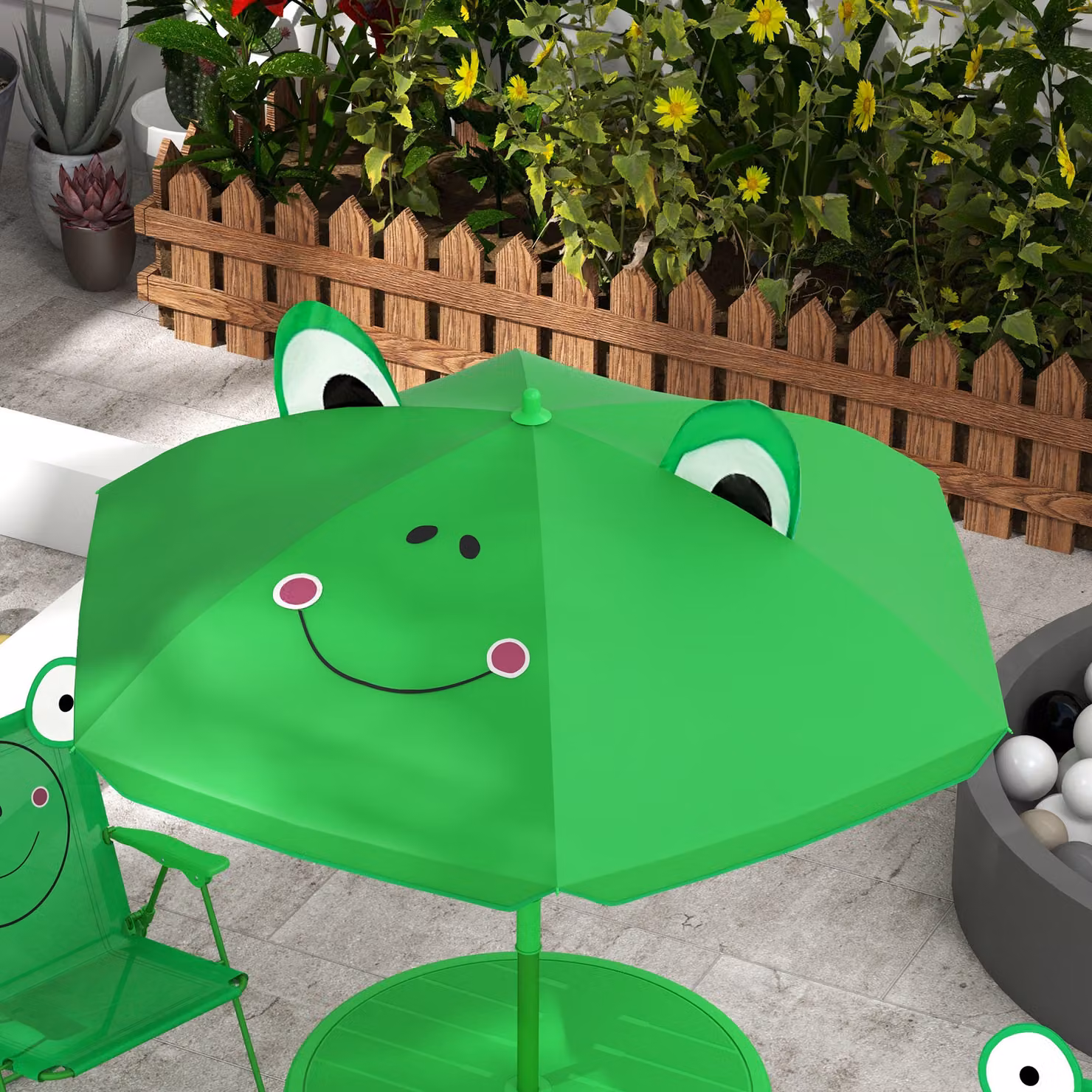 Outsunny Kids Folding Picnic Table and Chair Set with Height Adjustable Sun Umbrella, Green Frog Pattern – 3