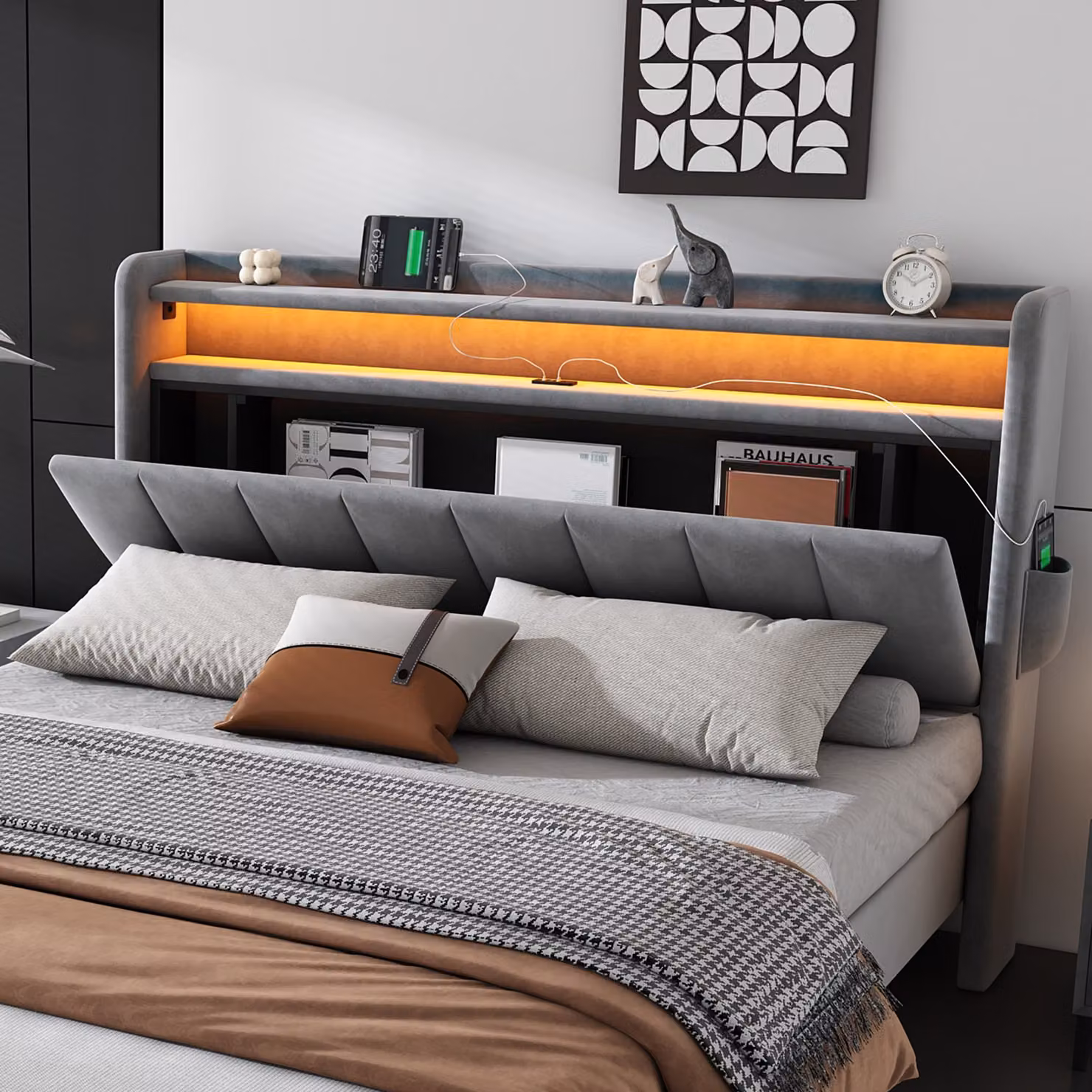 Aosom.UK Double Velvet Upholstered Ottoman Bed with LED Lighting, 4 USB Ports and Under-Bed Storage, Grey, W: 140 cm, D: 204 cm, H: 107 cm – 5