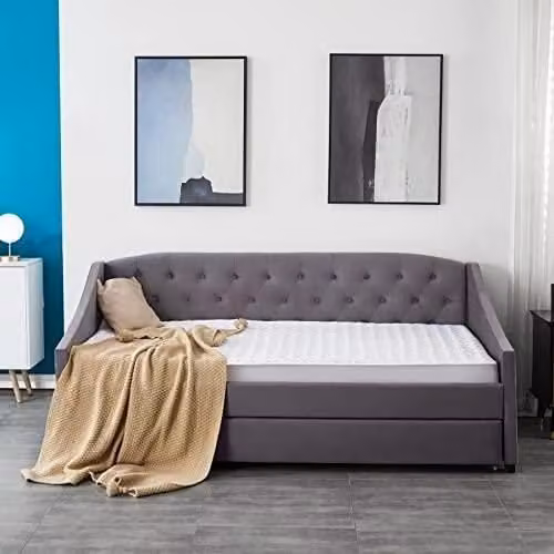 Kosy Koala Grey Velvet Tufted Daybed with Trundle and 2 Mattresses, W/D/H: 190 x 90 x 150 cm