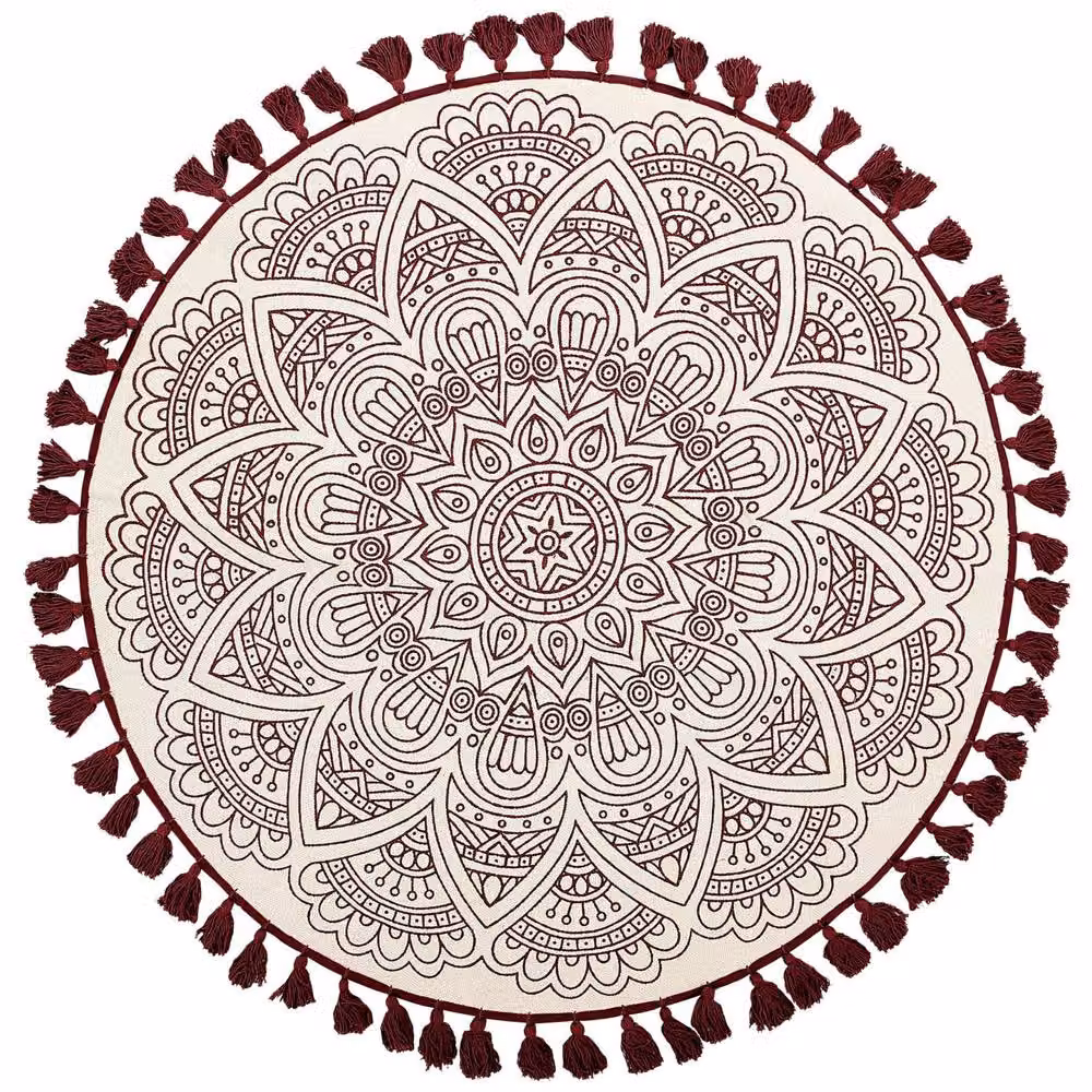 Wyld and Coco Round Cotton Rug with Red Mandala Design on Cream, Diameter: 120 cm – 2