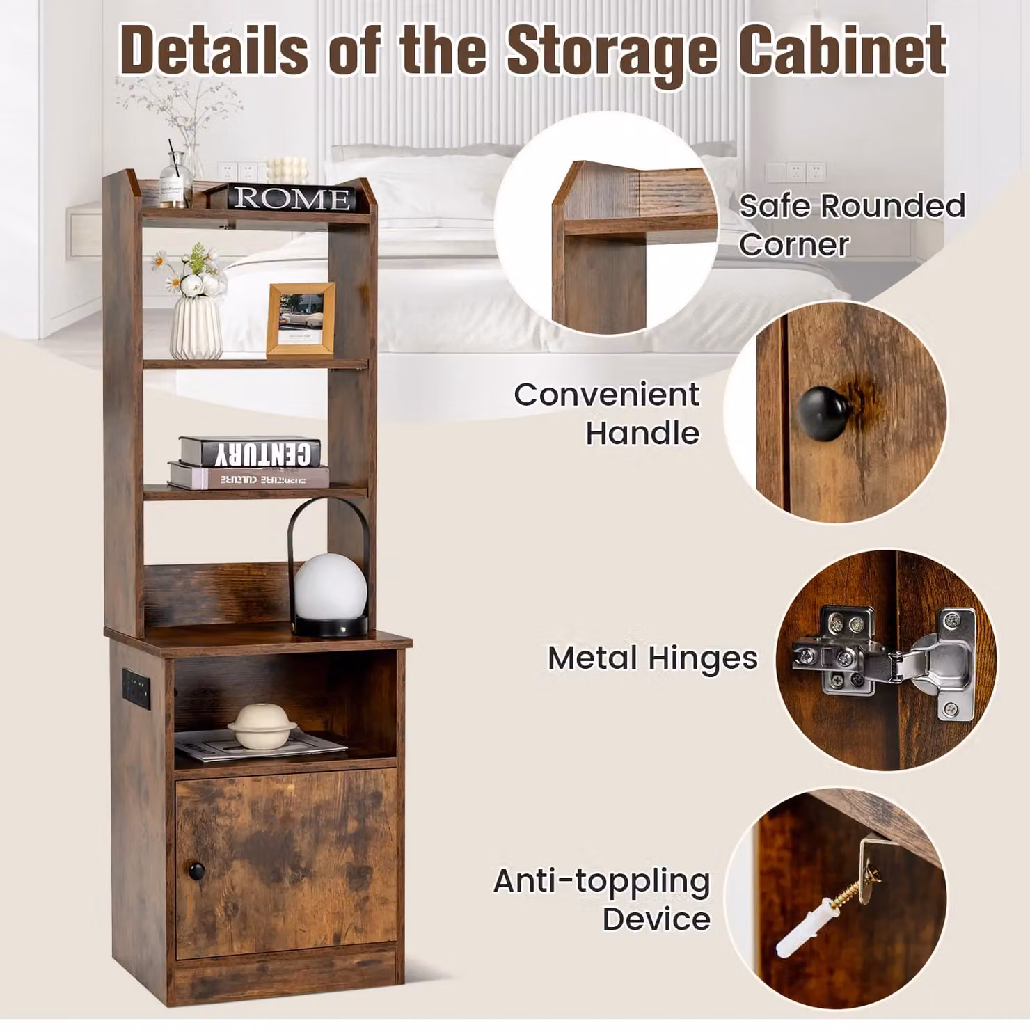 Gymax Tall Brown Nightstand with Shelves and Charging Station Grommet – 8
