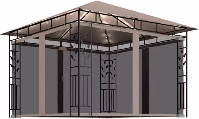 Berkfield Home Gazebo with Mosquito Net and LED String Lights, Beige, W/D/H: 300 x 300 x 273 cm – 1