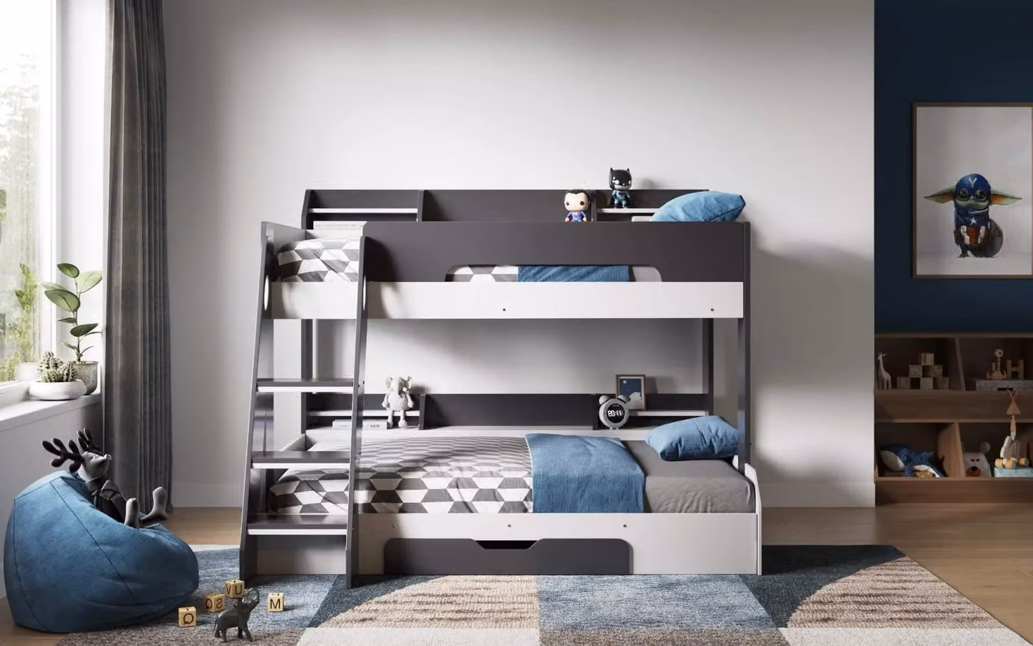 Flair Furnishings Flick Triple Bunk Bed with Storage and Stairs in Grey Single – 7