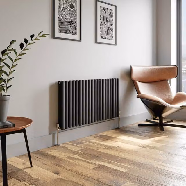 Temprazo Horizontal Oval Tube Double Panel Designer Radiator in Anthracite Grey, H 144 cm x W 60 cm x D 7.9 cm