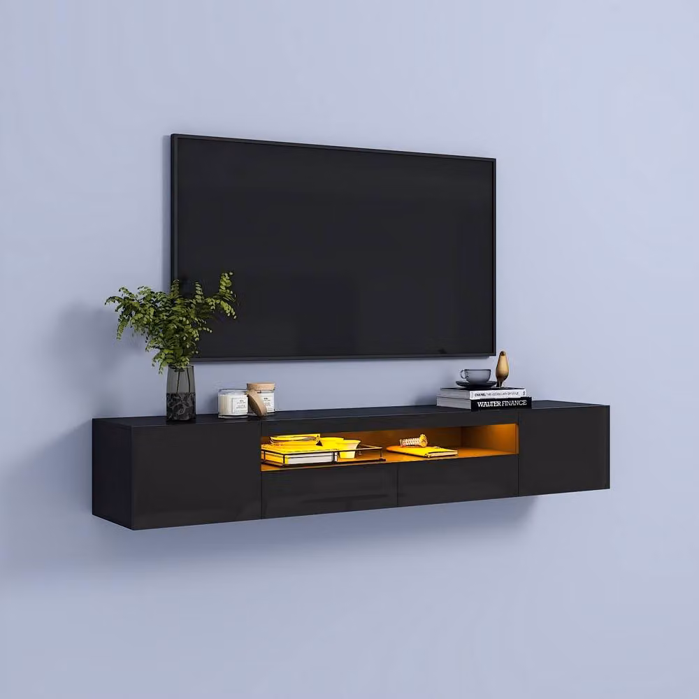 KEEPREAPER Sleek Floating TV Stand with LED Light and Storage Cabinet for 55-80 inch TVs in Black Glossy Finish – 2