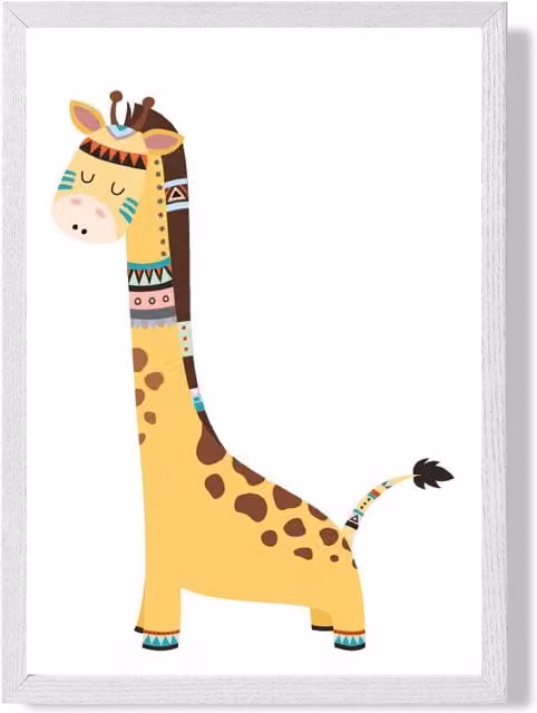 ARTZE Giraffe Tribal Animal Framed Print, Multicolour Ethnic Paper Poster with White and Brown Frame, A3