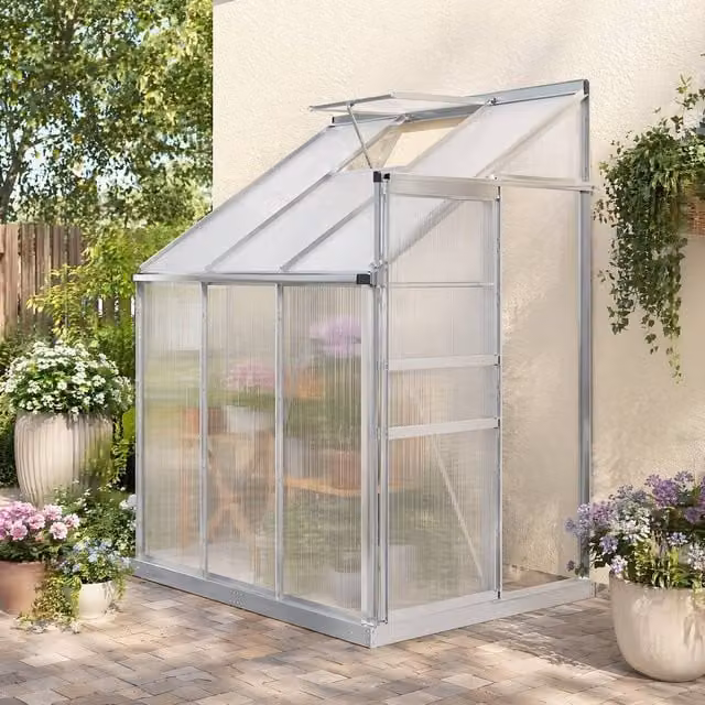 STILVORA Lean-to Polycarbonate Greenhouse with Sliding Door and Rain Gutter, Transparent, H: 192 cm, W: 127 cm, D: 127 cm